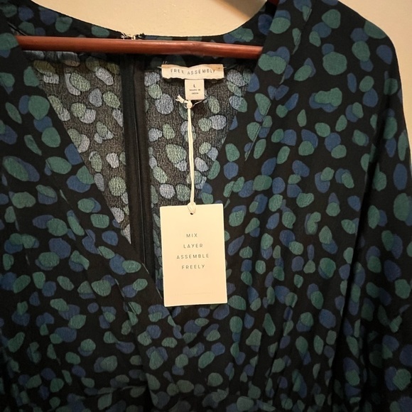 Midi Dress Black Green/Blue Abstract Dots V-Neck Elbow Sleeve Tie Waist Large - Picture 12 of 12